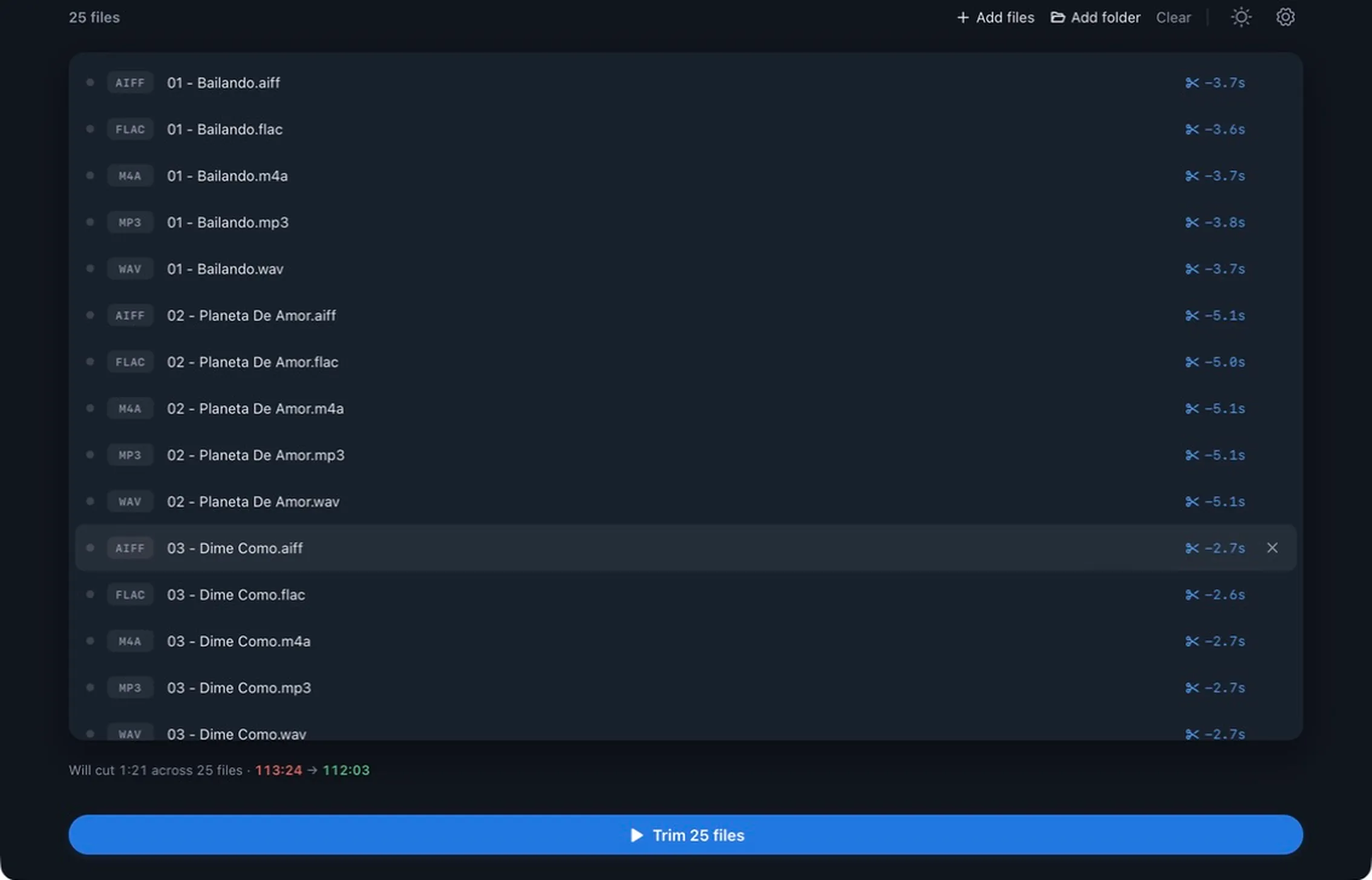 MultiTrim’s batch queue, showing the silence to trim from each audio file.