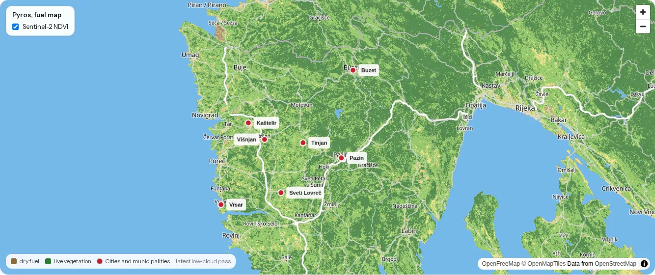 Pyros map of vegetation dryness across Istria.