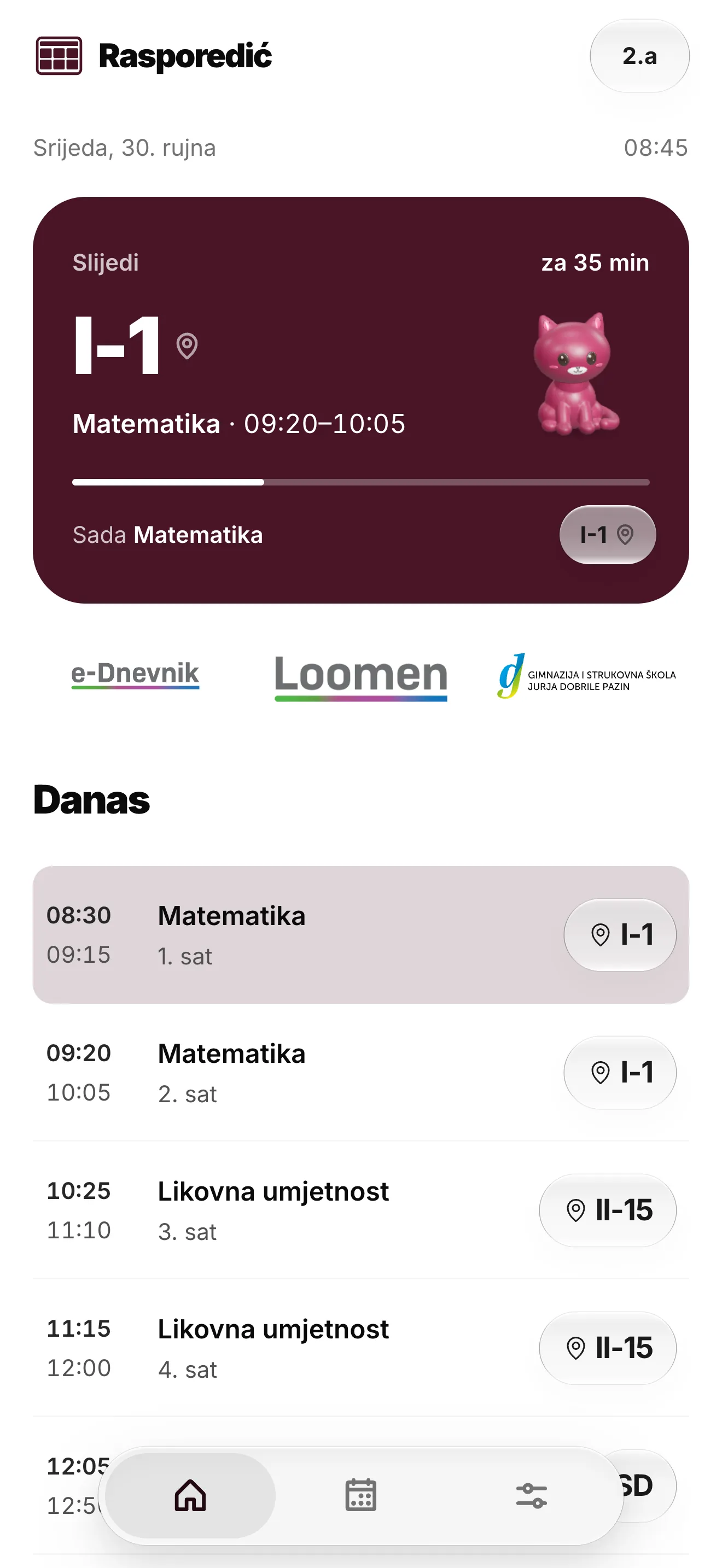Rasporedić showing the next lesson and today’s timetable.